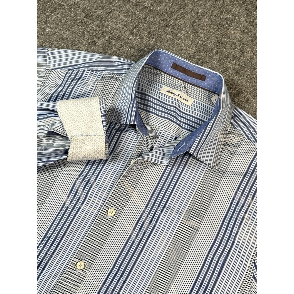 Tommy Bahama Shirt Men Large Blue Hibiscus Mirage Striped Silk Blend Long Sleeve